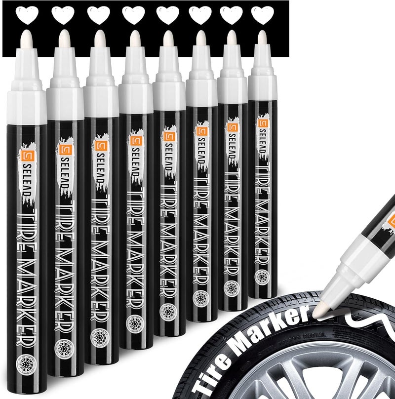SELEAD Tire Marker White - 8 Pack Paint Pens for Car Tires Lettering, Premium Professional Oil-based Ink, Waterproof Non-Fading Permanent Markers - Image 1